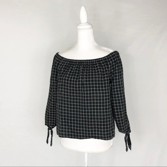 Madewell off-the-shoulder plaid black white swing top shirt blouse small - Picture 2 of 8
